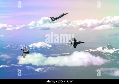 Klamath Falls, OR, 97603. 17th May, 2023. A U.S. Air Force F-15C assigned to the 173rd Fighter Wing and two F-35A Lightning II's assigned to Luke Air Force Base, Arizona manuever through the skies of Southern Oregon during a training exercise May 17, 2023. Luke AFB brought their aircraft to Kingsley Field in Klamath Falls, Oregon for two weeks to train with the F-15s. Credit: U.S. National Guard/ZUMA Press Wire Service/ZUMAPRESS.com/Alamy Live News Stock Photo