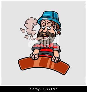 Cartoon Mascot of Bearded Boy With Smoking and Wear Hat. Stock Vector