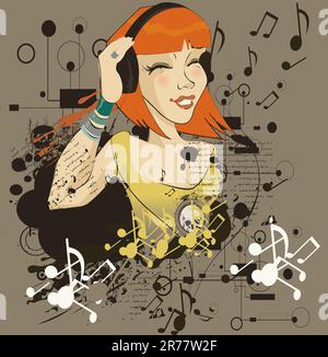 The young girl listens to music in headphone(vector illustration) Stock Vector