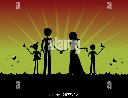 Young family Silhouette, sunset vector cartoon background Stock Vector