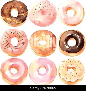 Collection of watercolor colorful donuts glazed Stock Vector Image ...
