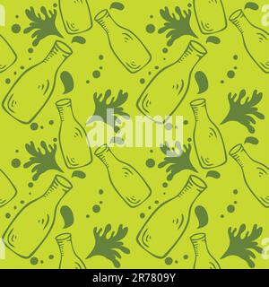 Fresh Milk Seamless food background pattern with milk bottle and drops Stock Vector
