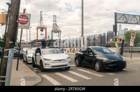 The Tesla Motors showroom and service center  in the Red Hook neighborhood of Brooklyn in New York on Sunday, June 4, 2023. (© Richard B. Levine) Stock Photo