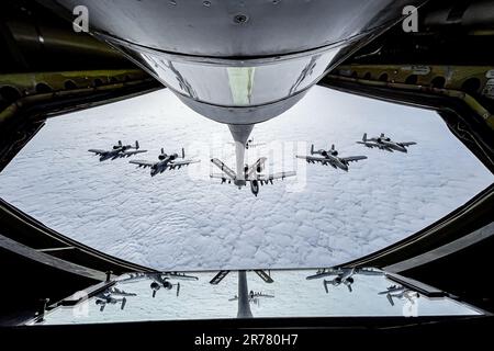 At Sea. 5th June, 2023. A U.S. Air Force A-10 Thunderbolt II aircraft assigned to the 127th Wing, Michigan National Guard, fly in formation behind a KC-135 Stratotanker assigned to the 128th Air Refueling Wing, Wisconsin National Guard, June 5, 2023. Exercise Air Defender integrates both U.S. and Allied air-power to defend shared values, while leveraging and strengthening vital partnerships to deter aggression around the world. Credit: U.S. National Guard/ZUMA Press Wire Service/ZUMAPRESS.com/Alamy Live News Stock Photo