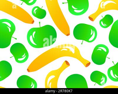 Seamless background with bananas and apples in 3d style. Fruit mix with banana and apple on a white background. Design for print, banners and posters. Stock Vector