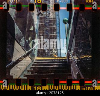 Subway exit for the West 28th Street IRT station in Chelsea in New York in May, 2023. (© Richard B. Levine) Photographed on film with an antique Instamatic camera. Stock Photo
