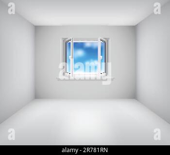 Empty white room with open window and blue sky Stock Vector