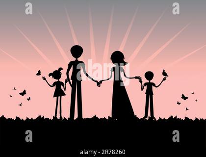 Young family Silhouette, sunset vector cartoon background Stock Vector