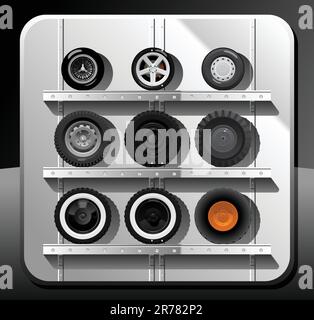 Various tires and wheels. Simple gradients only - no gradient mesh. Stock Vector