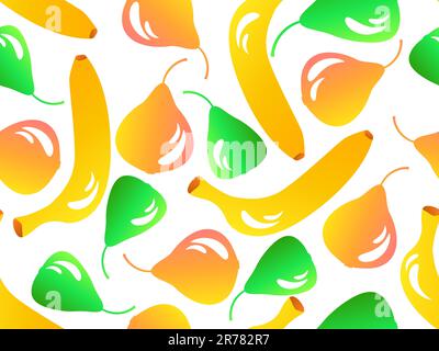Seamless pattern with bananas and pears in 3d style. Summer fruit mix with pear and banana on white background. Design for printing on paper and fabri Stock Vector