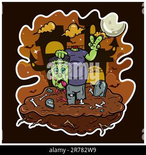 Cartoon Mascot of Halloween Frankenstein On Night. Vector and Illustration. Stock Vector