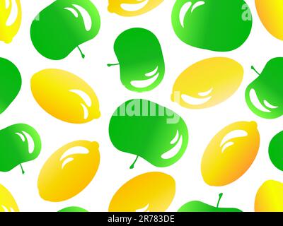 Seamless pattern with apples and lemons with light reflection. Summer fruit mix with lemon and apple in 3d style. Design for printing on paper and fab Stock Vector