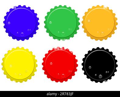 Vector illustration of bottle tops in various colours, with water drops and space for your text Stock Vector