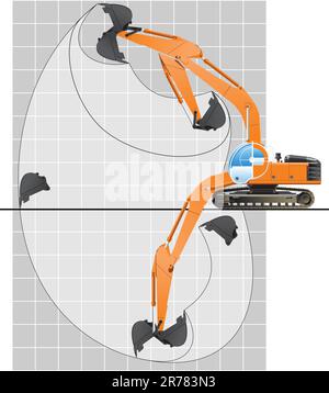Vector color illustration of working range of an excavator.  (Simple gradients only - no gradient mesh.) Stock Vector