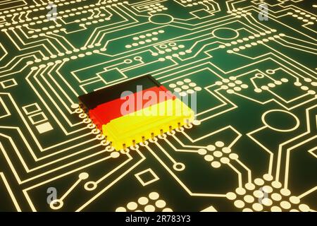 An advanced CPU printed with a national flag of Germany on a neon glowing electronic circuit board. Concept of German made high-end micro chips Stock Photo