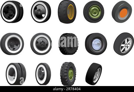 Various tires and wheels. Simple gradients only - no gradient mesh. Stock Vector