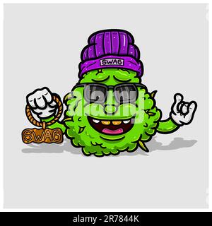 Weed Cartoon With Glass, Swag Hat and Bring Chains. Vector and Illustration. Stock Vector