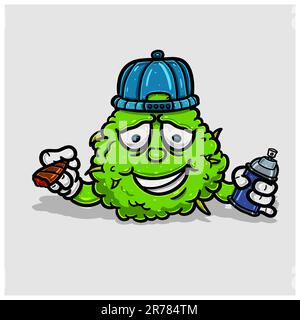 Weed Cartoon With Smoking, Wearing Hat and Bring Paint Spray. Vector and Illustration. Stock Vector