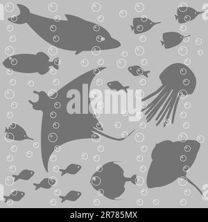 Stripy seamless pattern with fish silhouettes Stock Vector