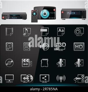 Set of the icons representing modern video players features and specifications Stock Vector