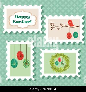 Easter postal stamps set, vector illustration Stock Vector