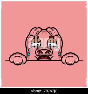 Crying Face Expression With Pig Cartoon. Vector and Illustration Stock Vector