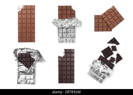 Collage with tasty different chocolate bars on white background, top view Stock Photo