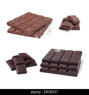 Collage with pieces of tasty chocolate bars on white background Stock Photo