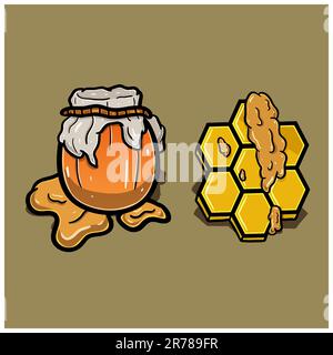 Honey Cartoon With Hexagon and Honey Jar. Simple Effect. Vector and Illustration. Stock Vector