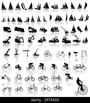 Vector illustration of bicycles, yachts  and Construction vehicles Stock Vector