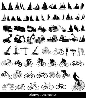 Vector illustration of bicycles, yachts  and Construction vehicles Stock Vector