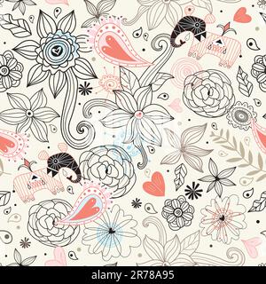seamless floral graphic design with decorative elephants on a light background Stock Vector