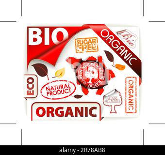 Set of red bio, eco, organic elements - labels, stickers, stamps, ribbons Stock Vector