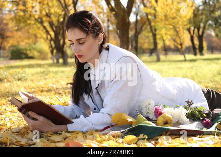 Woman reading book in park on autumn day Stock Photo