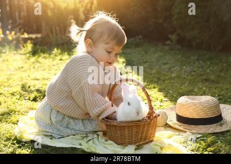 Cute little girl with adorable rabbit on green grass outdoors Stock Photo