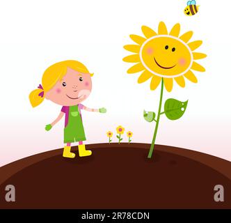 Little girl looking on flower growth in spring garden. Vector Illustration. Stock Vector