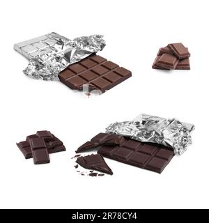 Collage with tasty broken chocolate bars on white background Stock Photo