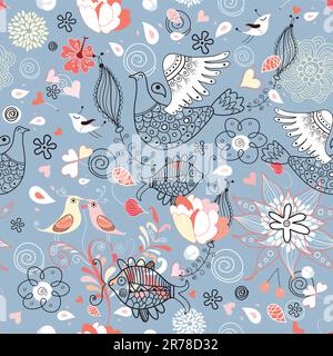 Seamless red floral pattern with birds and fishes on a blue background Stock Vector