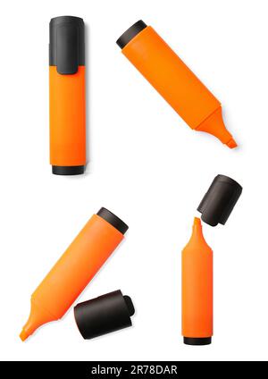 Collage with bright orange marker on white background, top view Stock Photo