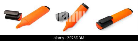 Collage with bright orange marker on white background Stock Photo