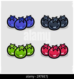 Blueberry Cartoon With Four Color Different. Simple Effect. Vector and Illustration. Stock Vector
