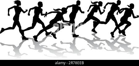 Silhouette of a group of runners racing with reflections Stock Vector