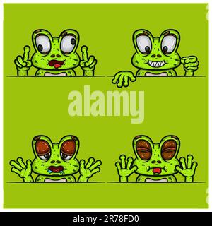 Set Of Expression Frog Face Cartoon. Crazy, Evil, Hungry and Taunt Face Expression. With Simple Gradient. Vector and Illustration. Stock Vector