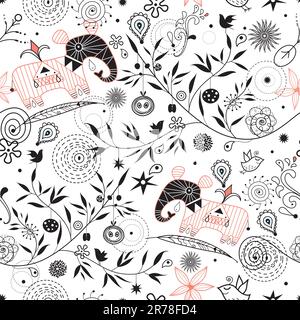black floral seamless pattern with elephants on a white background Stock Vector