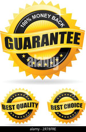 Set of three vector gold labels - money back guarantee, best quality and best choice Stock Vector