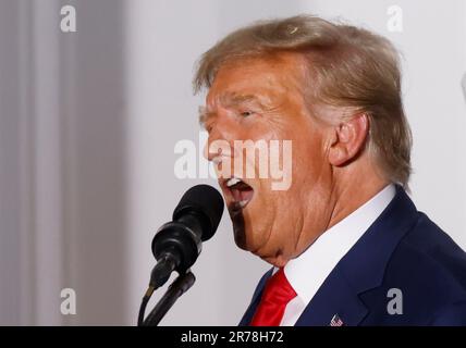 New York, United States. 13th June, 2023. Former President Donald Trump speaks at Trump National Golf Club Bedminster after earlier in the day appearing at Miami federal courthouse facing 37 federal charges involving the handling of classified documents on Tuesday, June 13, 2023 in Bedminster, New Jersey. Trump today plead not guilty to 37 charges related to alleged mishandling of classified documents. Photo by John Angelillo/UPI Credit: UPI/Alamy Live News Stock Photo