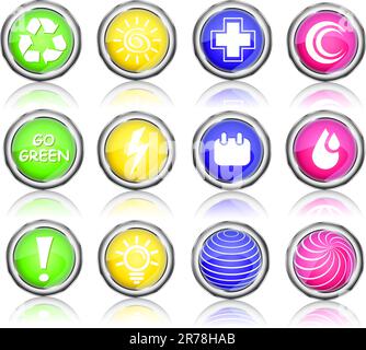 icon set  - go green, sun, first aid, plus, drop isolated on white background - bulb, leaf, globe, drop Stock Vector