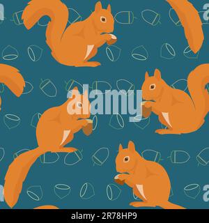 Seamless pattern with squirrels with acorns and nuts Stock Vector