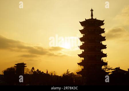 Chinese pagoda silhouette in Shanghai Stock Photo