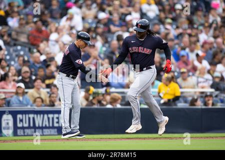 Cleveland Guardians' Josh Naylor looks on during the second inning of a  baseball game against the Miami Marlins, Sunday, April 23, 2023, in  Cleveland. (AP Photo/Nick Cammett Stock Photo - Alamy